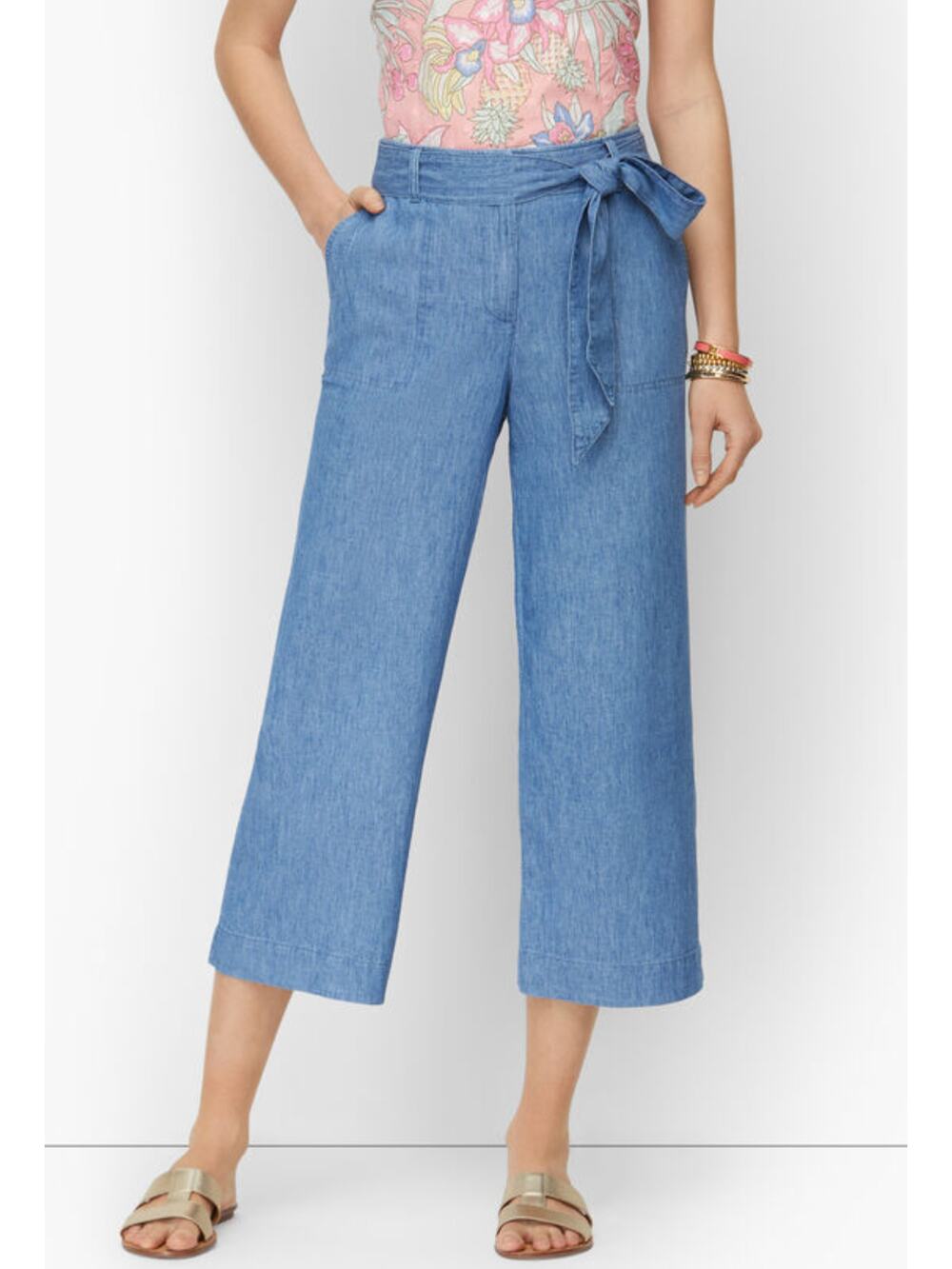 Talbots Womens 8 Blue Chambray Linen Blend Tie Waist Crop Pants Casual Summer